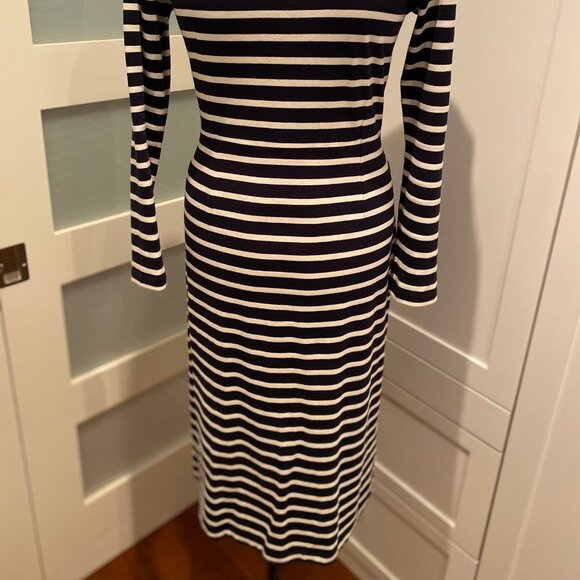 JCrew crew neck, long sleeved navy & white striped midi dress. Size 8. - Picture 2 of 3
